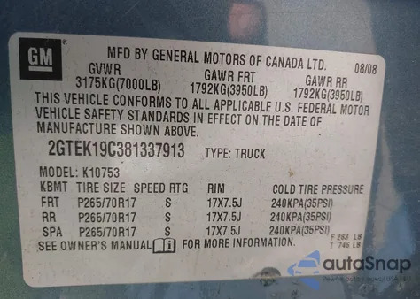 2008 GMC Sierra 1500 Sl from USA, damaged, VIN 2GTEK19C381337913